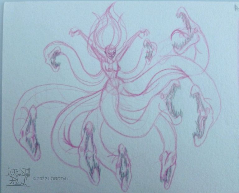 Sketch depicting Feliccia's general anatomy with her murray eel tentacles with two more sprouting from her back.