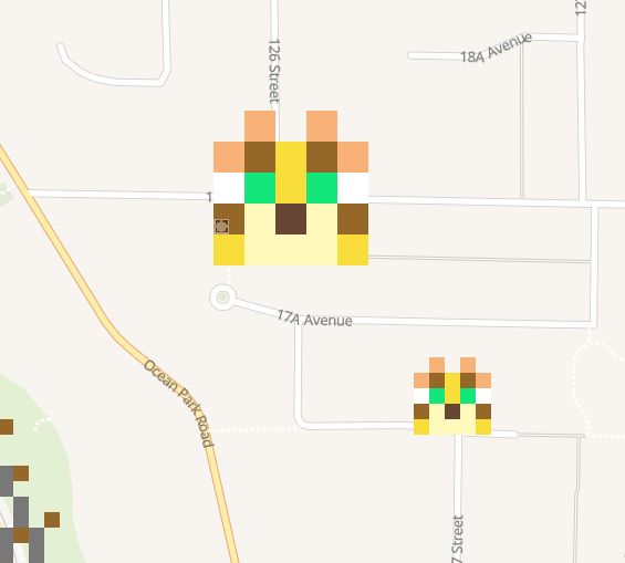 A map with two Minecraft ocelot faces in pixel art superimposed over it.