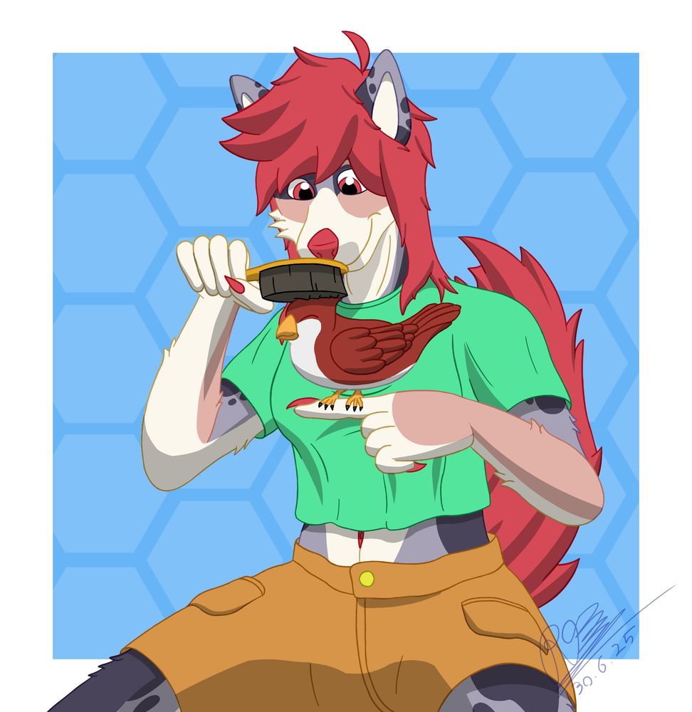 My char Jess giving a red birb a brush on the head.