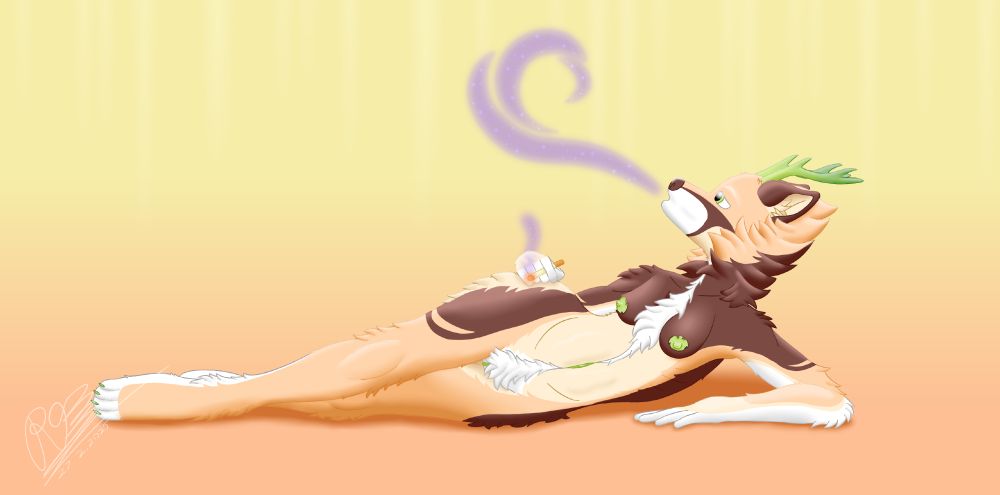 My character Shikaru, reclining in the nude and blowing a smoke cloud from a cigarette she's smoking.