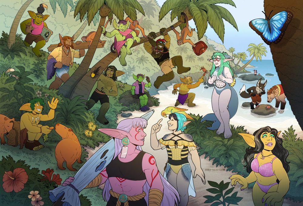 Art of many WoW characters in an island scene, interacting with animals and walking past both the beach and jungle.