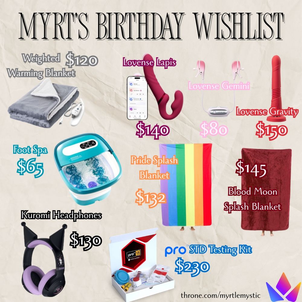 A. infographic that looks like a crumpled piece of tan paper that reads: Myrt's Birthday Wishlist and has the following items, names of the item and price on them:
Weighted Heated Blanket: $120
Foot Spa: $65
Kuromi Headphones: $130
Pride Splash Blanket: $132
Blood Moon Splash Blanket: $145
ProTX STD Testing kit: $230
Lovense Lapis: $140
Lovense Gemini: $80
Lovense Gravity: $150
