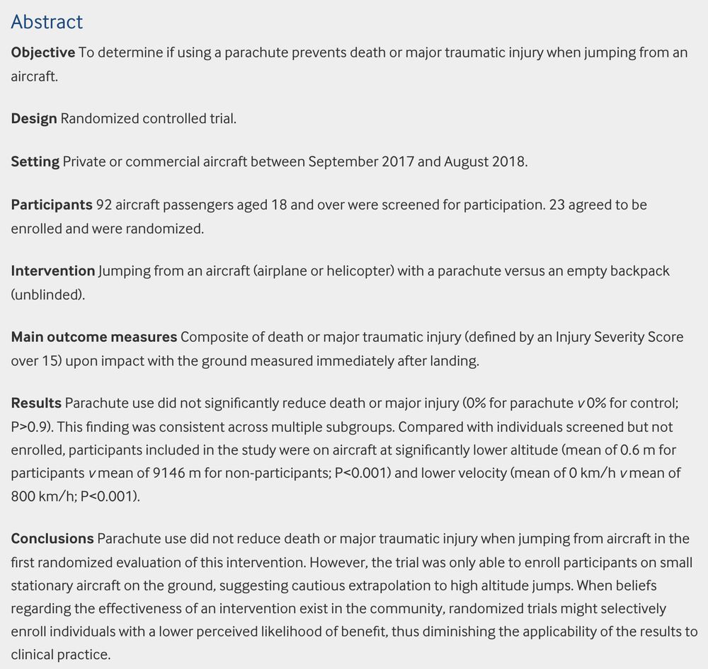Abstract summarizing paper titled Parachute use to prevent death and major trauma when jumping from aircraft: randomized controlled trial