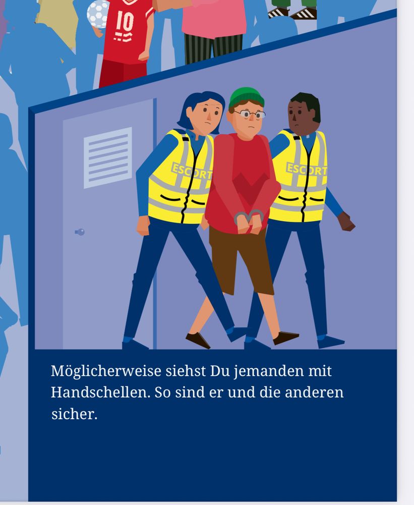 Screenshot Brochüre mit Bild von einer Person in Handschellen, der durch zwei Personen mit “Escort”-Warnweste “begleitet” wird.
Die Person selbst scheint mit den Füßen gar nicht den Boden zu berühren.