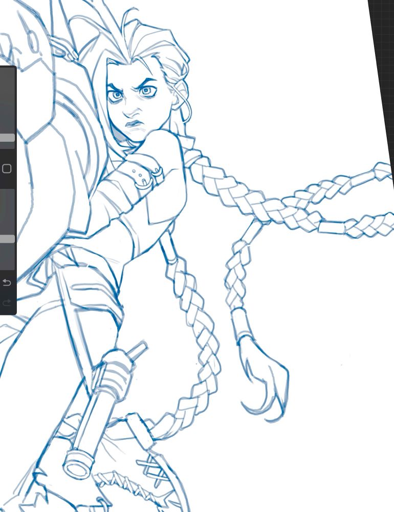 work in progress, blue sketch of jinx from arcane. she’s holding fishbones off camera and looks very angry.