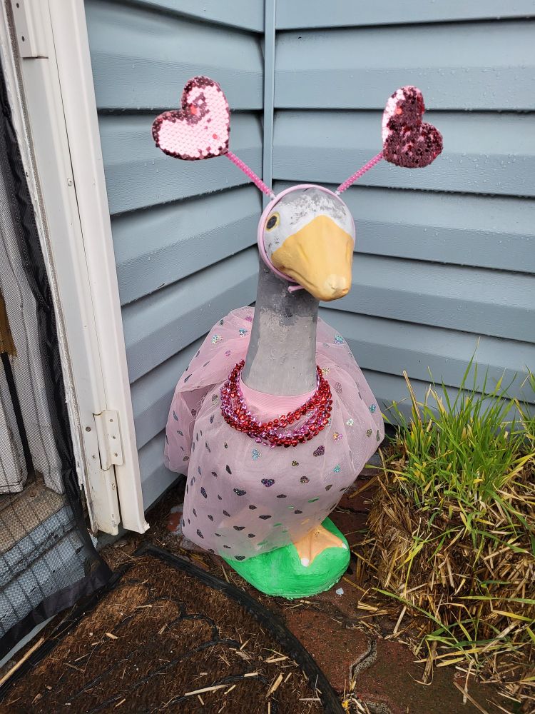 A gray-painted concrete porch goose wears a silver heart patterned pink tutu as a dress, along with red and pink Valentines beads and a pink headband with link sequined heart boppers. Please overlook the tiny, sprouting haynlbale next to him!