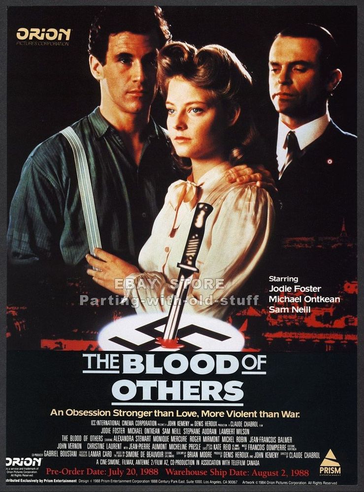 Poster for VHS release of the English language version. In the main image, Jodie Foster is central and in the foreground flanked by Sam Neill and Michael Ontkean slightly behind her. They all look rather serious. Superimposed in front of them there is a knife bloodily stabbing a Nazi swastika. The film's strapline is "An obsession stronger than love. More violent than war".