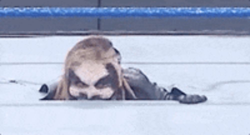 a woman in a mask is laying on a wrestling mat .