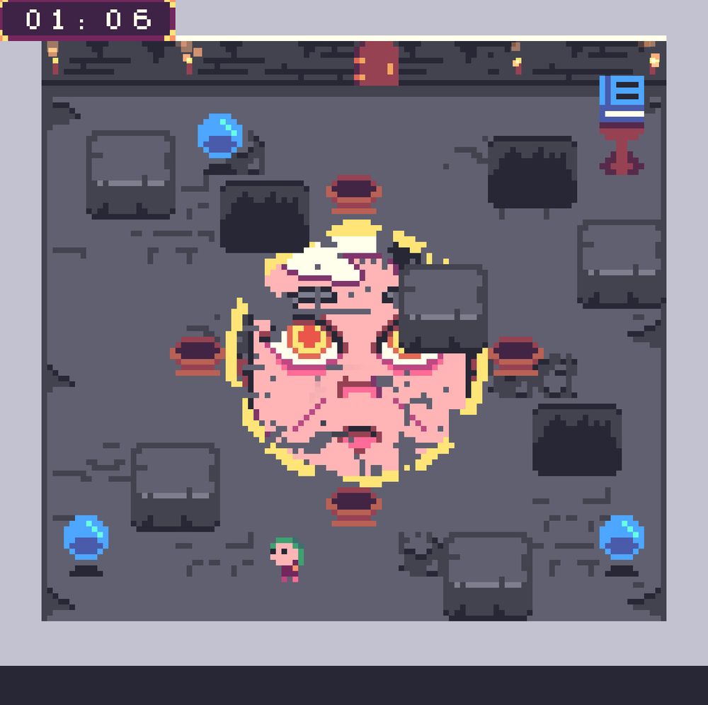 A game screenshot. Mural of a face with orbs and urns around it.