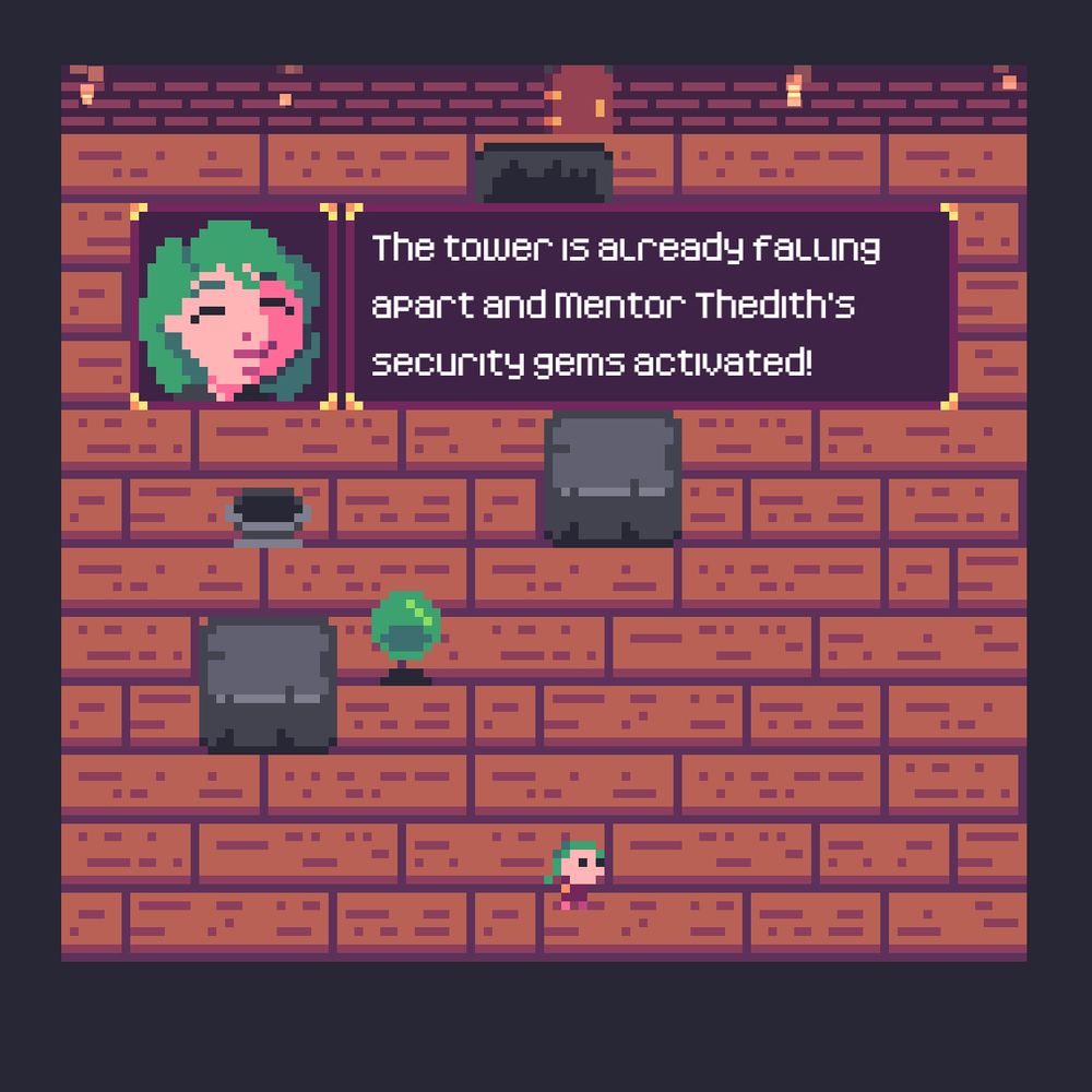 Game screenshot of a character saying a tower is falling down. There are large blocks and a floating orb.
