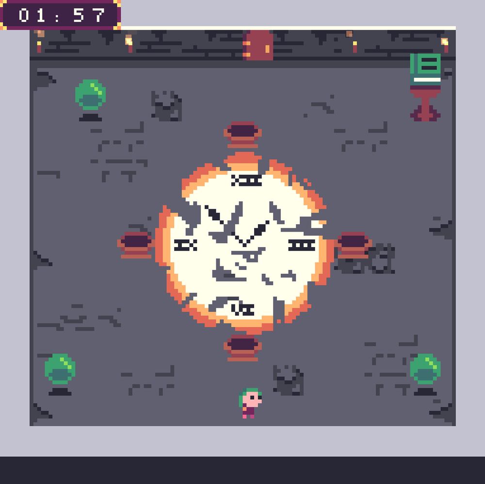 Game screenshot. A clock with orbs and urns around.