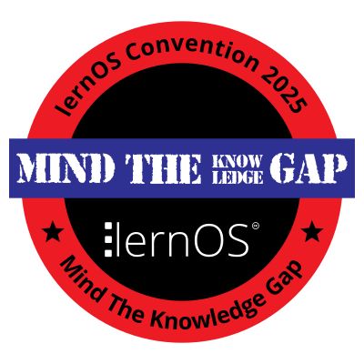 Rundes Logo mit rotem Außenring und schwarzem Innenkreis. Im roten Ring steht oben ‚lernOS Convention 2025‘ und unten ‚Mind The Knowledge Gap‘ in schwarzer Schrift. Im schwarzen Innenkreis befindet sich der weiße Schriftzug ‚lernOS®‘. Ein blaues Banner mit weißer Großschrift ‚MIND THE KNOWLEDGE GAP‘ verläuft quer über das Logo, wobei ‚KNOWLEDGE‘ auf zwei Zeilen aufgeteilt ist. Zwei kleine schwarze Sterne flankieren den unteren Text im roten Ring.