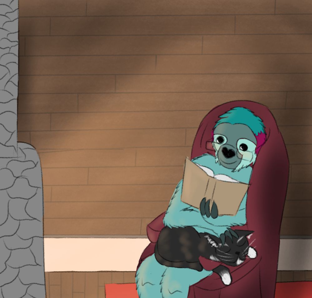 Digital art, a blue anthro sloth sits in an armchair reading a book, with a cat in her lap, in front of a warm fireplace