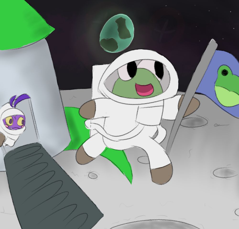 Digital art. The moon landing, but with frogs. The pale green dot of Frearth (frog Earth) looms overhead, and the translucent silhouette of the Genesis Frog watches over all