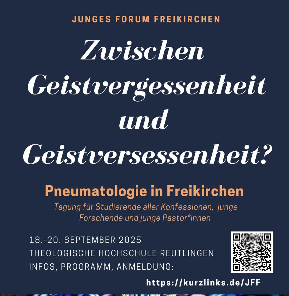 Dunkelblaubes schlichtes Plakat mit der Aufschrift: Junges Forum Freikirchen Zwischen Geistvergessenheit und Geistveressenheit? Pneumatologie in Freikirchen 18. bis 20 September 2025 Theologische Hochschule Reutlingen