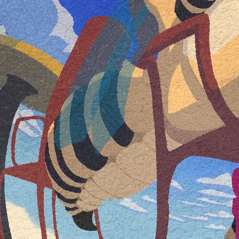 Closeup of Flaw's abdominal segment, striped gold and navy, with a dark stinger out the back of the gap in the red chair. He has two wings off to his right side.