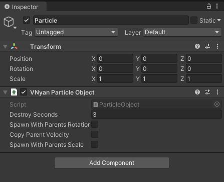 Particle Object, with a VNyan Particle Object script attached to it.