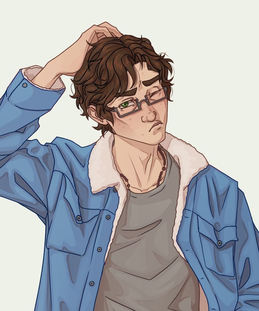 A cropped drawing of my character Bruno, a young adult man with pale skin, wavy brown hair, green eyes, a blue fur lined jacket, gray shirt, and gray glasses. He peeks at the camera with one eye closed, a hand behind his head.
