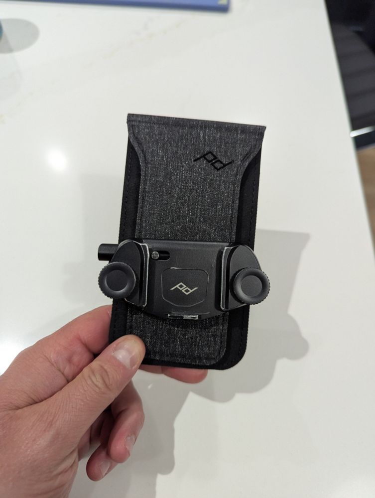 Me holding a Peak Design camera clip with Pro Pad 
