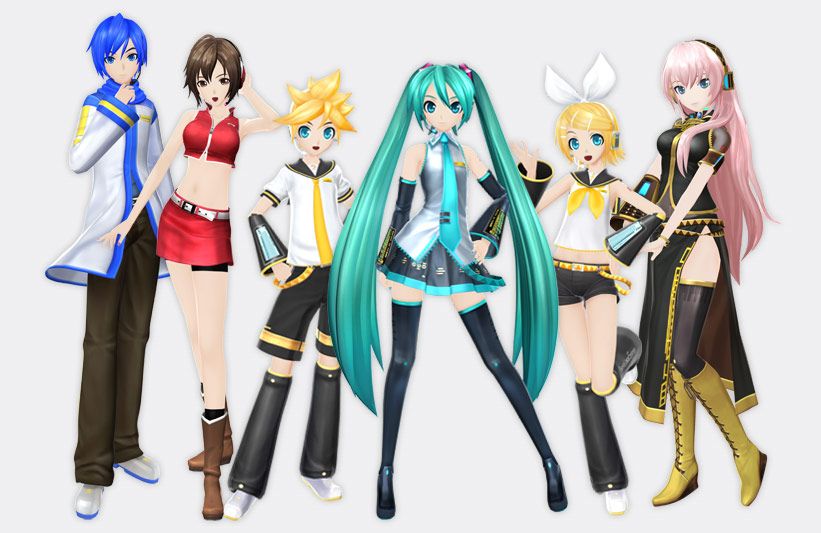 The Vocaloids Hatsune Miku, Rin, Len, Kaito, Luka, and Meiko