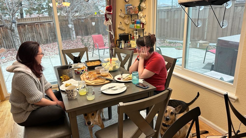 A wide angle image of a Thanksgiving table with a full spread of food, two women sitting at either of the long sides, one dog under the table, one to the right side, a cat a sitting in the far chair, and another cat behind the dog on the right.