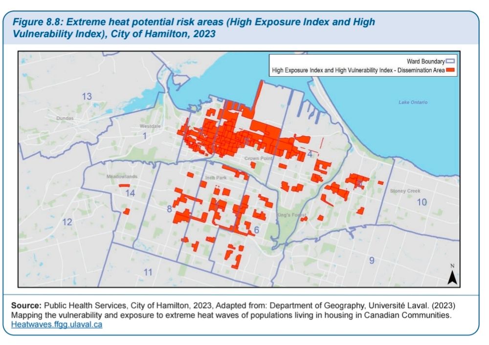 A map showing heat vulnerable areas with most of the places being in the lower city