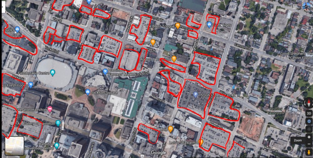 Screenshot of map with red outlines showing many of the the surface parking lots in downtown Hamilton 