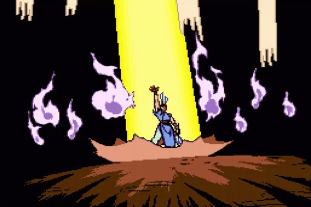 a pixel art drawing of a person standing in front of a glowing light