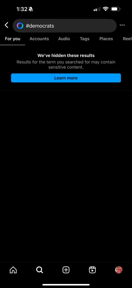 An Instagram search for #democrats shows the message “We’ve hidden these results”