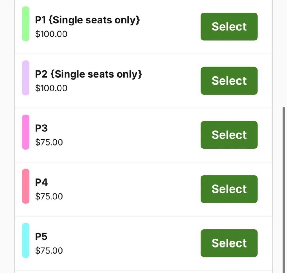 Screenshot of seat prices for UFC Perth, ranging from $75 AUD to $100 AUD