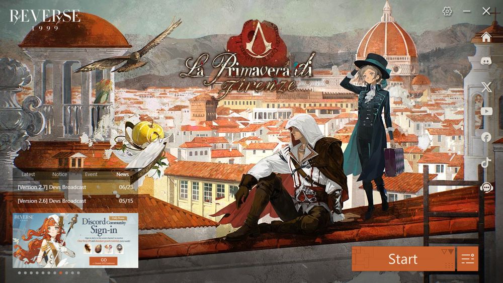 Picture of Reverse: 1999's launcher for the crossover event with the main art of Assassin Creed 2's Ezio on a roof with the main character of R1999 in their standard painterly photograph style. Also the character Apple, who is now painted gold, is there.
