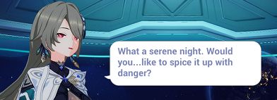 Vita from Honkai Impact 3rd with a sly look saying: "What a serene night. Would you... like to spice it up with danger?"