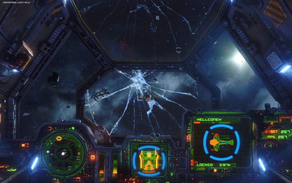 Screenshot looking out of a spaceship cockpit in Rebel Galaxy Outlaw with a lot of colourful elements of the dashboard but centrally has the light catching some big cracks in the windows in the middle.