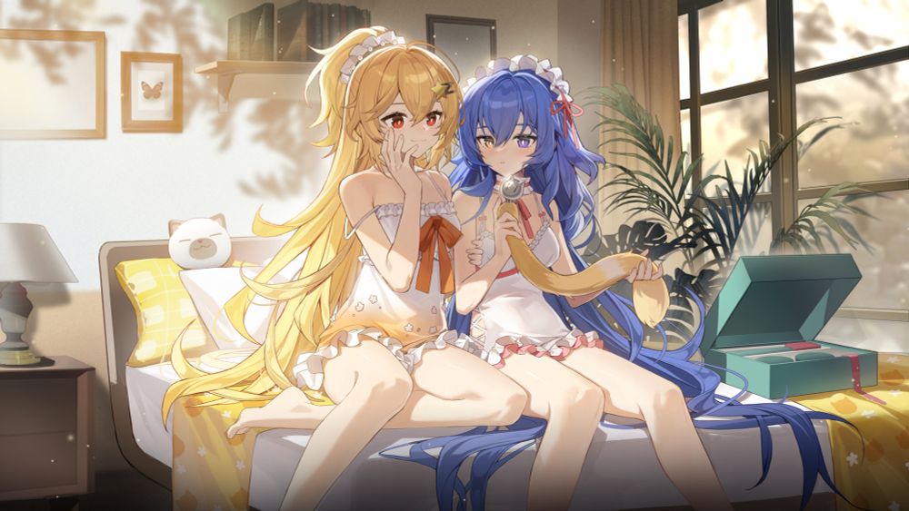 Gun Girls Z artwork of as I quote someone else: "Karin and Arkria sitting on their spacious bed in their lingerie, arm wrapped around the other's as arkria holds the gift Karin bought her. Proudly displayed in the center of the screen. A particular but unmistakable adult toy."