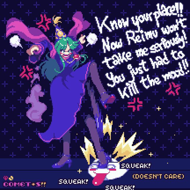 Mima-Sama from PC-98 Touhou is a bit annoyed at her marshmallow shaped Bakebake ghost minion for ruining her epic battle date with Reimu, so she tries communicating her grievances in a more evil spirit like conduct.