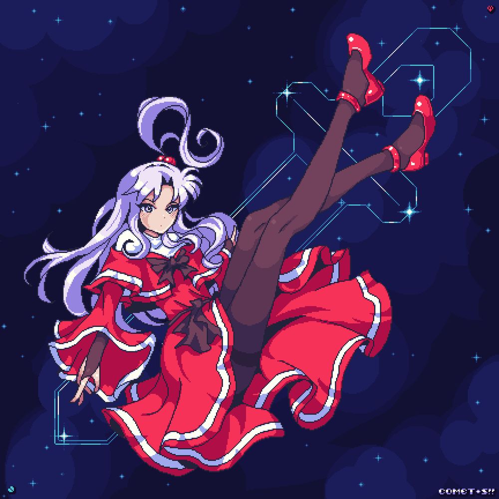 Shinki from PC98 Touhou 5 Mystic Square gliding peacefully through a sea of stars somewhere far away in Makai. The zodiac of Yumeko's sword danmaku is in the sky!