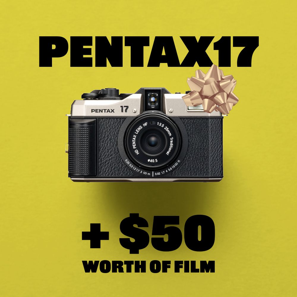 An image of a pentax 17 camera with a bow on it that reads "PENTAX17 + $50 worth of film"