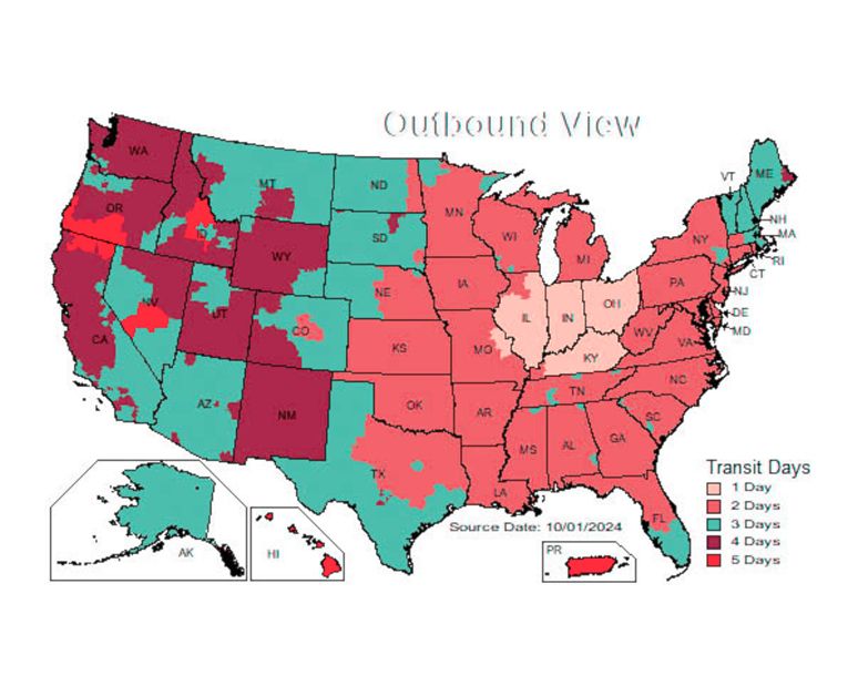 This is a graphic that shows shipping transit times across the US for items leaving Roberts Camera 