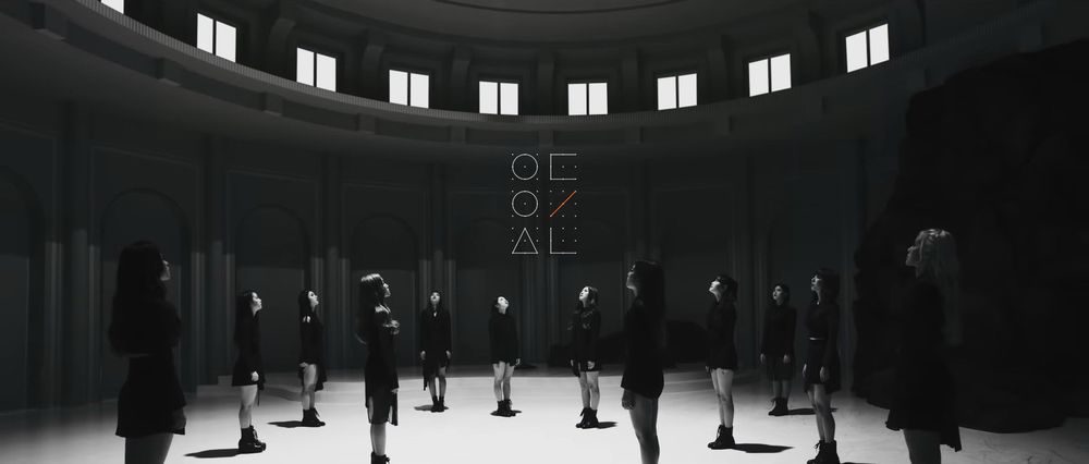 The K-pop girl group LOONA looking up inside a dome. This is from their Butterfly comeback.