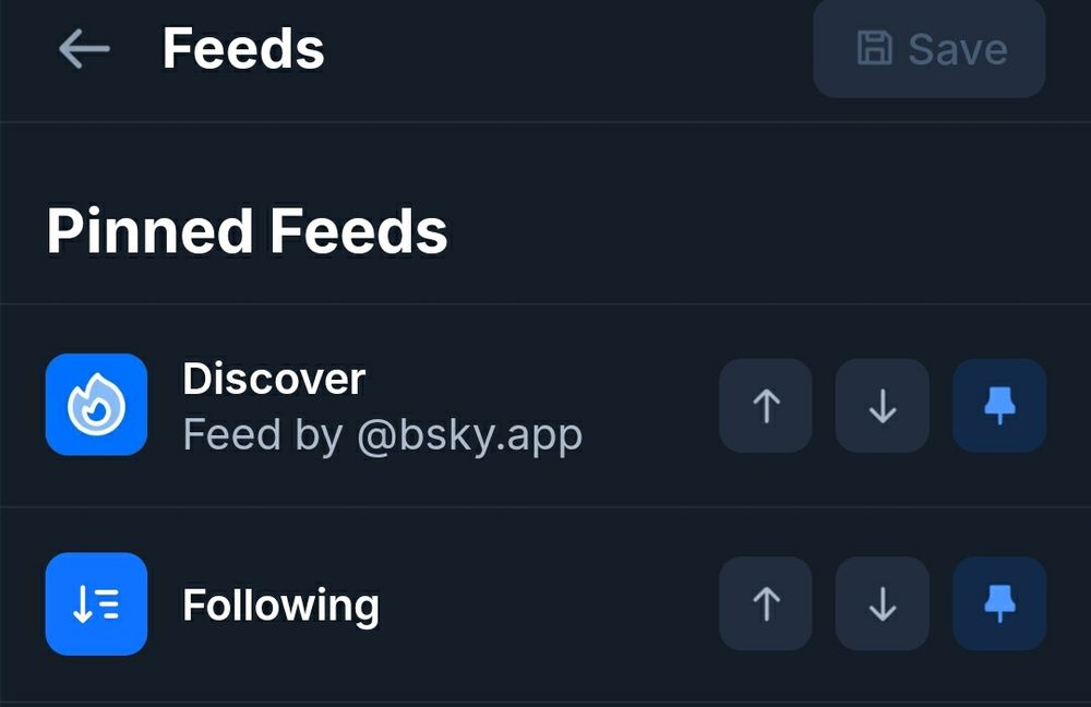 Screengrab showing; feeds, pinned feeds, discover, following