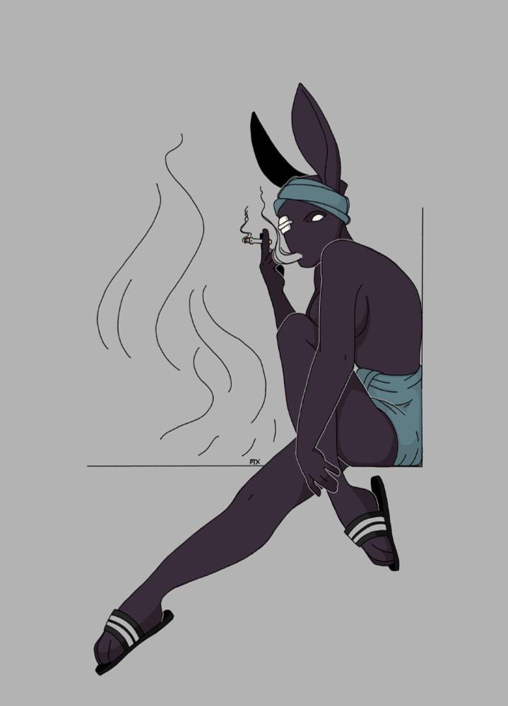 "Maggie"

Maggie is a bipedal, purple bunny wearing matching teal towels around her waist and head. She's sat on the edge of a tub (not fully drawn in) with steam rising out of it. She's smoking, one foot up on the tub and the other outstretched. She's fully nude aside from the towel.