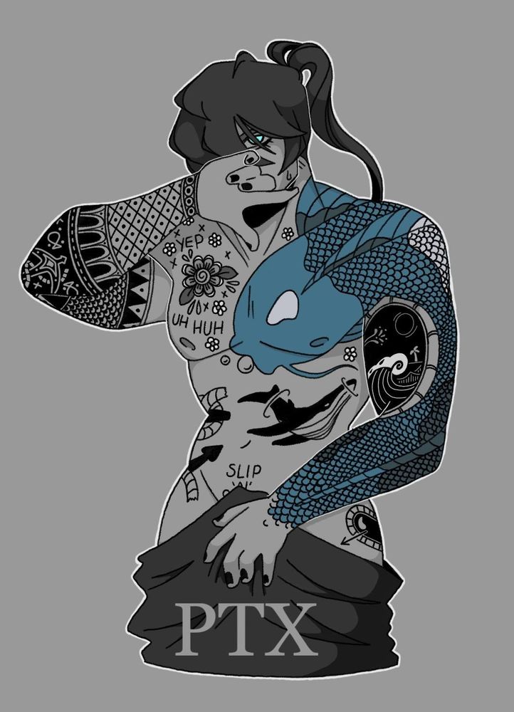 "Ryu"
A heavily tattooed half-human/half-shark male. His tattoos are all nautical themed with some flowers spread about his chest. His left arm is tattooed to look like a koi fish, where the head is his left pectoral. He's covering his face with one hand and glaring at the viewer. He's wearing only a towel and has his long hair up in a ponytail