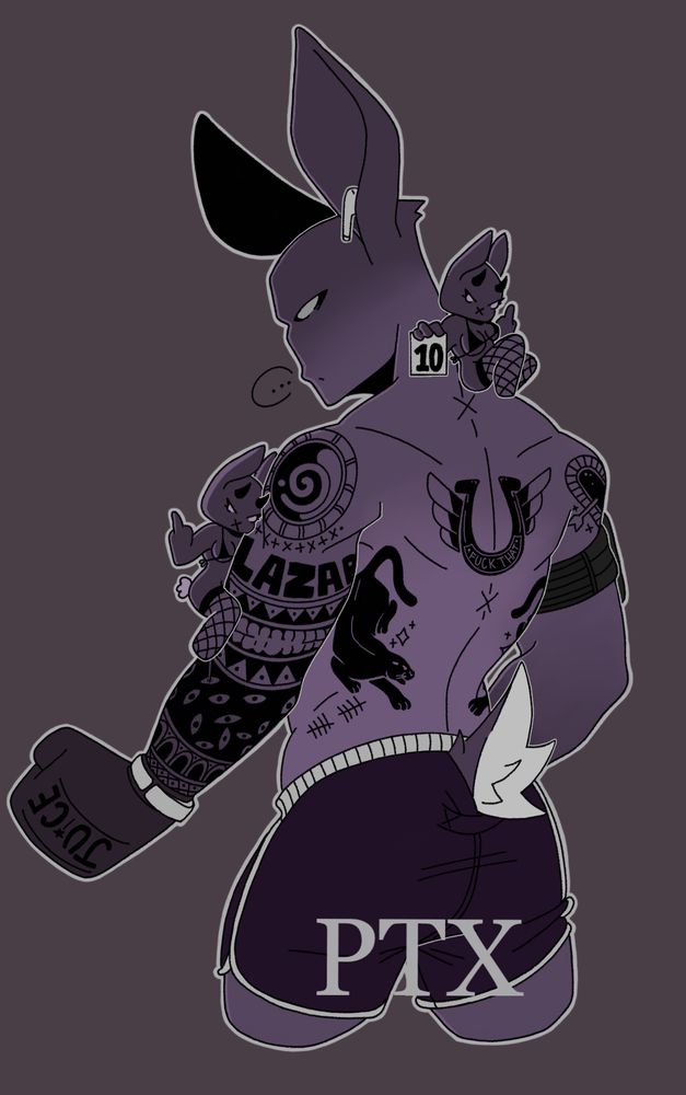 "Casey"
A half body image in purples of a buff, tattooed bunny man with his back to the viewer. He's looking over his shoulder with disgust as he listens to music via Bluetooth earbuds. He's wearing purple dolphin shorts and a boxing glove with "JUICE" written across the back of the knuckles. Up on his shoulder and clinging to his arm are to, small bunny demons in black bikinis and fishnets. they're both glaring at and flipping off the viewer; the demon on his shoulder is holding a little sign that says "10" on it in black marker.