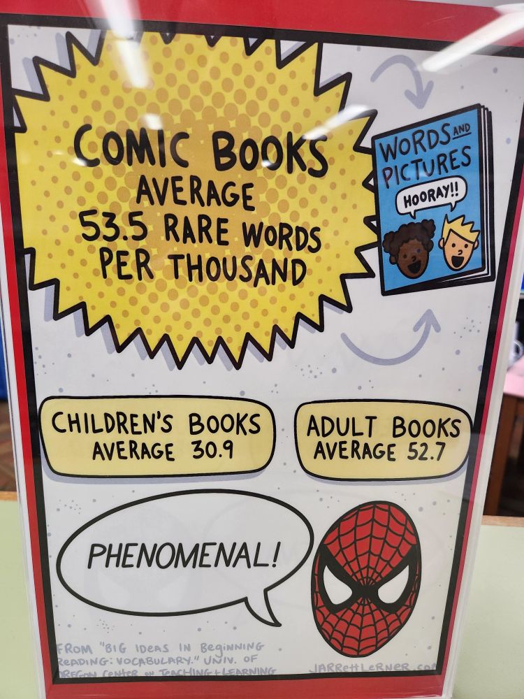 A comic-book like drawing that says "Comic books average 53.5 rare words per thousand. Children's books average 30.9. Adult books average 52.7." A drawing of Spider-Man's head says "Phenomenal!"

At the bottom, in small text it says "From 'Big Ideas in Beginning Reading: Vocabulary' Univ. of Oregon Center on Teaching & Learning. jarrettlerner.com"