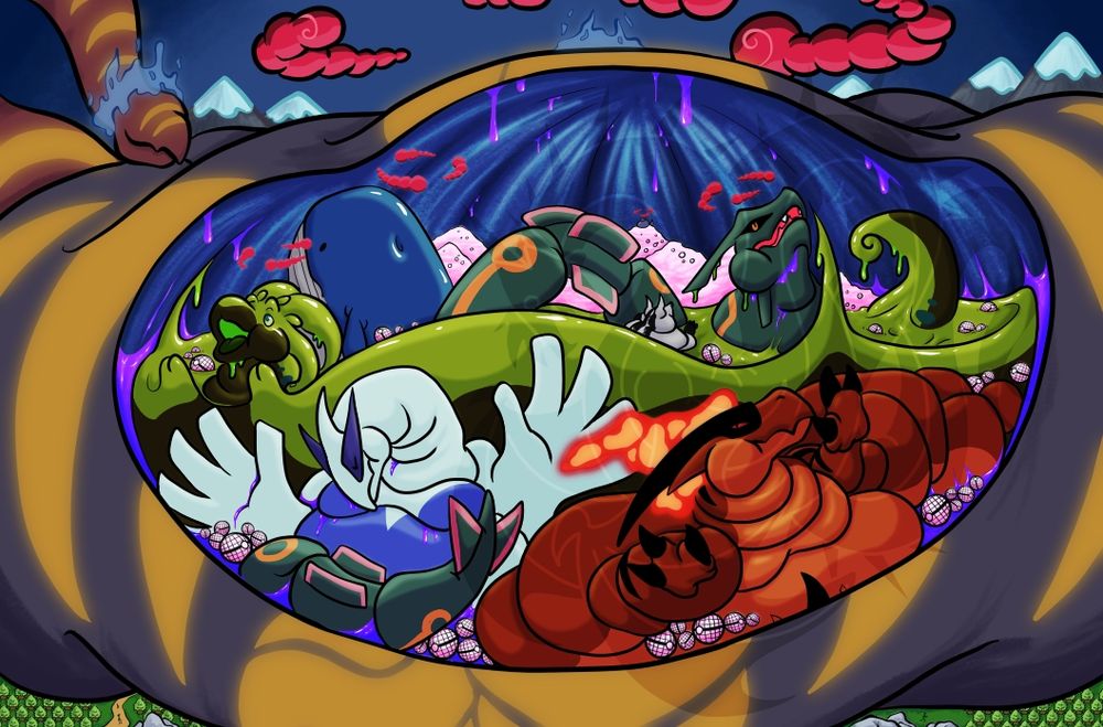 Renoko from the previous image is showing an internal shot of his glowing light blue gut interior as huge gigantimaxed pikemon are beinf devoured not even filling all of his gut as mountains of ultra balls, gigantimax balls and beast balls are piled up inside.  Purple glowing stomach acid dripping down and pooling as renoko's gut dwarfs the landscape.  Several times larger than the forests and mountains it is crushing.  Miniscule trainers along a bath stare at the dragon's gut in awe as renoko's golden dragon markings across his gut glow and renoko's gut keeps growing as he devours more and more.