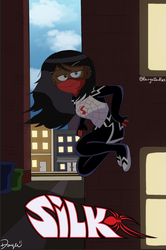 Lucy (my OC) dressed as Silk/Cindy Moon. She's sticking to the wall looking afar in an alley. 