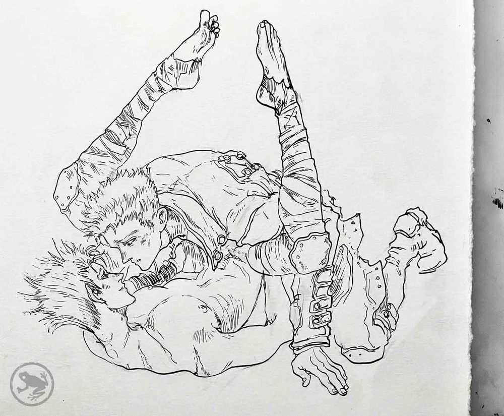 Ink drawing of Knives leaning over Vash with Vash's legs thrown over Knives' shoulders.