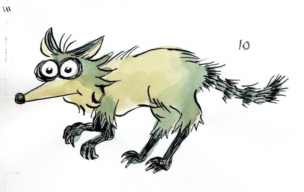 Keyframe from a raccoon run cycle. Ink and watercolor. 