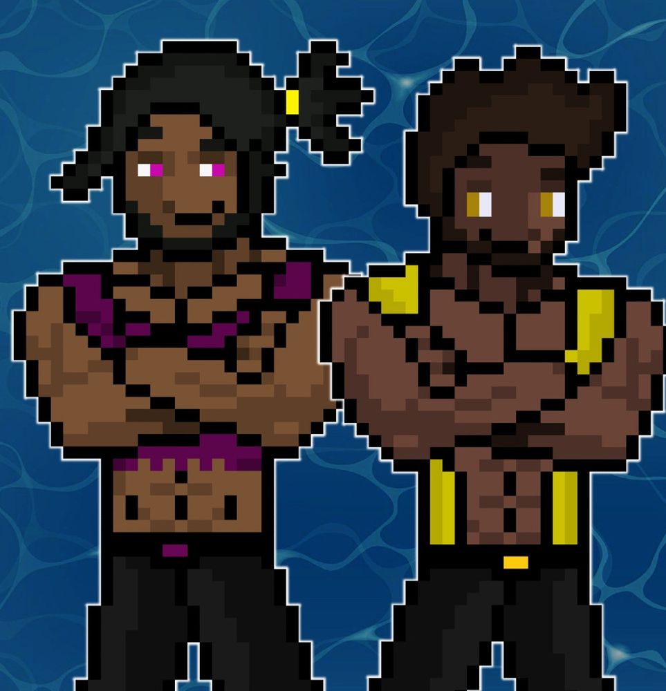 Hakim & Kwame gazing at each other with their arms crossed 