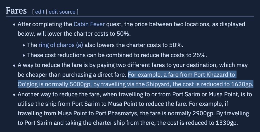 screenshot of the linked section listing ways to pay less for travelling on charter ships. the highlighted paragraph says: “A way to reduce the fare is by paying two different fares to your destination, which may be cheaper than purchasing a direct fare. For example, a fare from Port Khazard to Oo'glog is normally 5000gp, by travelling via the Shipyard, the cost is reduced to 1620gp.”